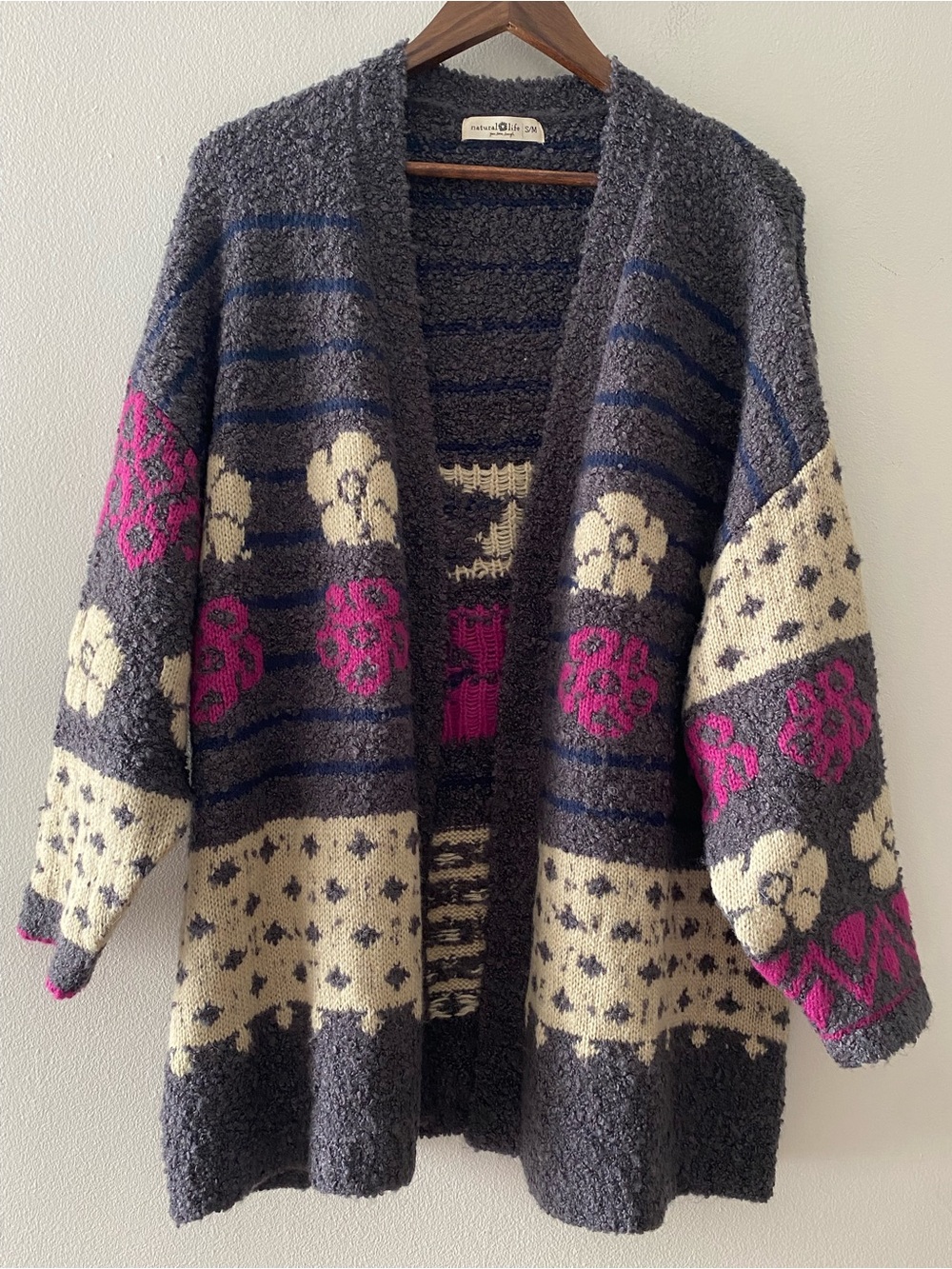 NATURAL LIFE Gray, Cream & Pink Patterned Open-Front Cardigan